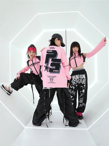 #HH08 Girls Pink Hip Hop Tops- Black Pants -Boys Dance Performance Set- Kpop Outfits - Hip Hop Dance