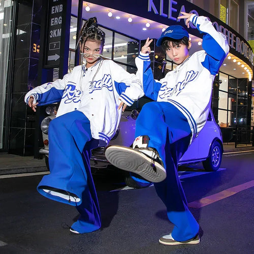 #HH07 Hip Hop Costume- White Blue 2 Tone Baseball Jacket -Loose Fit Street Jogger Pants for Girl or Boy