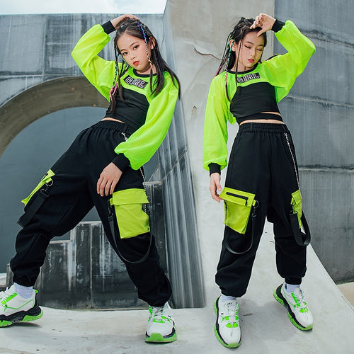 HH7108  Hip Hop Dance Costume -Neon Green Crop Tops Black Vest Cargo Pants- Street Dance -Performance Wear