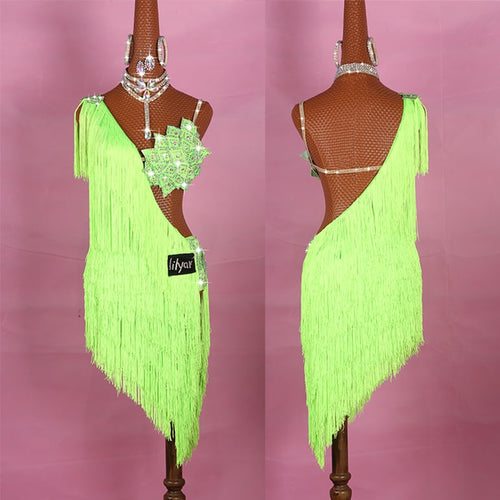 #L422 Elegant Neon Green -Thick Fringe-Stage -Ballroom -Dance Competion Latin Dress