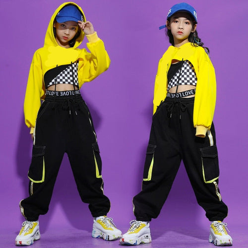 HH7192 NEW!! Hip Hop Dance Costume -Girls Yellow Crop Tops Black Cargo Pants