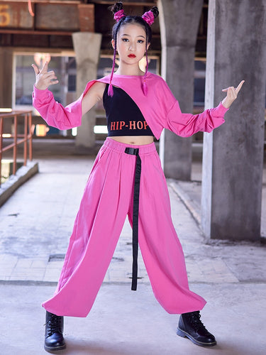 HH9495  Crop Tops- Pants-Sets- Pink -K-pop Hip-Hop Performance Outfits