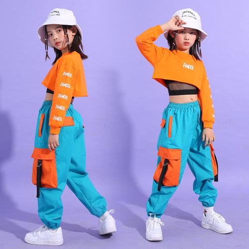 #H468 Hip Hop Girls Crop Top Contrast Cargo Pants -Boys Sweatshirt Joggers - Streetwear