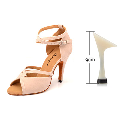 #B9911 Latin Ballroom Salsa Dance Shoes - Beige Suede Heels 6-10cm