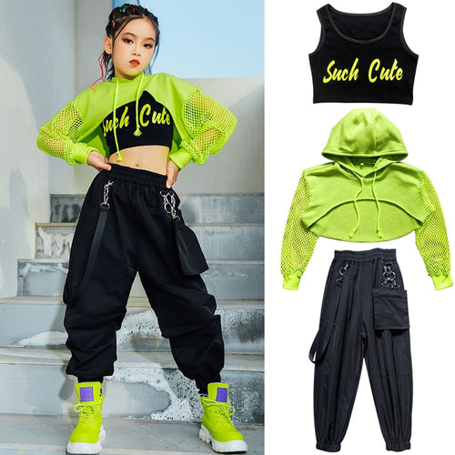 #H5311 Girls Hip Hop Green Top Net Sleeve- Black Hip Hop Pants
