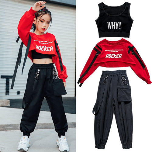 #H5301 Girls Hip Hop Red Top- Black Pants- Casual Street Dance Wear -Jazz Performance Clothes