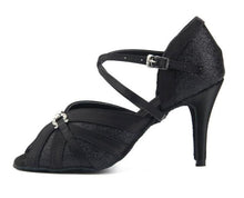 #B5511 Womens Latin Dance Shoes Black- Bronze Satin Diamond Buckle -Salsa-Tango-Cha Cha