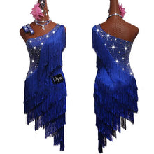 #L254 Latin Competition Dress-Rhinestones-Blue Tassels -Rumba- Salsa- Tango