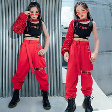 HH170 Hip Hop Dance Costume -Red Sequined Single-Sleeved Top-Hollow Leg Cargo Pants