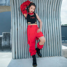 HH170 Hip Hop Dance Costume -Red Sequined Single-Sleeved Top-Hollow Leg Cargo Pants