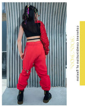 HH170 Hip Hop Dance Costume -Red Sequined Single-Sleeved Top-Hollow Leg Cargo Pants