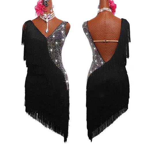 L539 Latin Rhinestone Dress- Black Fringe Dress -Competition- Salsa -Tango-Rhumba