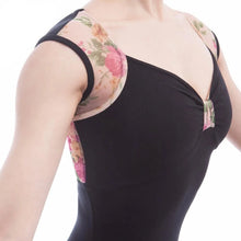 #B0005 Adult Ballet Leotards Black Cotton with Flower Printed Mesh  Inserts