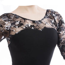 #DL0020Adult Ballet Leotard Black Cotton Lycra with 3/4 Floral Mesh Sleeve