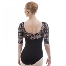 #DL0020Adult Ballet Leotard Black Cotton Lycra with 3/4 Floral Mesh Sleeve