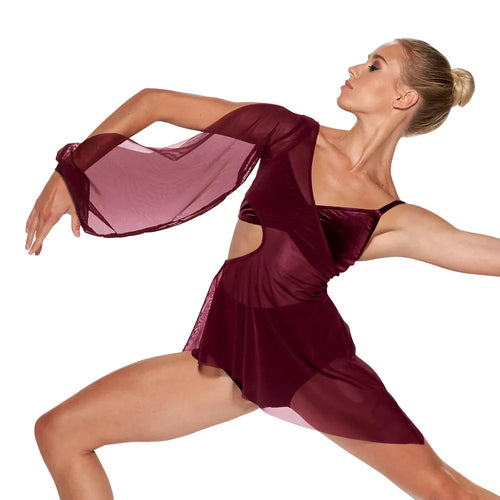#D639- 3 Piece Lyrical Dance Set - Velvet Top and Short with Asymmetry Slip- Long Puff Sleeve Mesh Dress