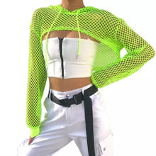 HH236 Hip Hop Fish Net Women Long Sleeve Crop Top with Hood