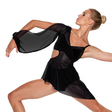 #D639- 3 Piece Lyrical Dance Set - Velvet Top and Short with Asymmetry Slip- Long Puff Sleeve Mesh Dress