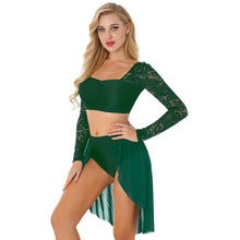 #L0021 Womens  Lyrical Costume Ballet Dance Costume- Floral Lace Long Sleeve Crop Top with Skirt and Briefs