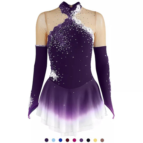 #SK0331-C GIRLS Figure Skating Dress - Long Sleeve Competition- Ice Skating Dress - Performance Dancewear With Rhinestone