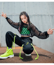 #775 Hip Hop - Girls Fishnet Tops- Green Lattice Vest- Loose Black Hip Hop Pants -Jazz Street Dance Stage Wear