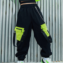 HH7108  Hip Hop Dance Costume -Neon Green Crop Tops Black Vest Cargo Pants- Street Dance -Performance Wear