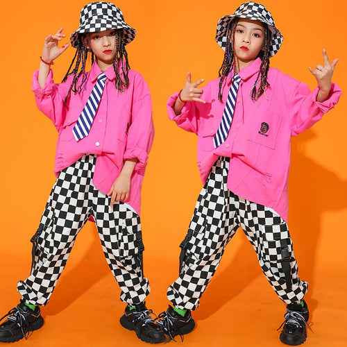 HH5810 Hip Hop - Loose Long Sleeve Pink Shirt -Casual Plaid Pants -Hat Not included