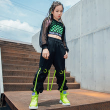 #775 Hip Hop - Girls Fishnet Tops- Green Lattice Vest- Loose Black Hip Hop Pants -Jazz Street Dance Stage Wear