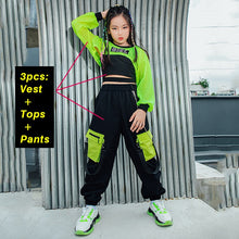 HH7108  Hip Hop Dance Costume -Neon Green Crop Tops Black Vest Cargo Pants- Street Dance -Performance Wear