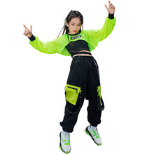 HH7108  Hip Hop Dance Costume -Neon Green Crop Tops Black Vest Cargo Pants- Street Dance -Performance Wear