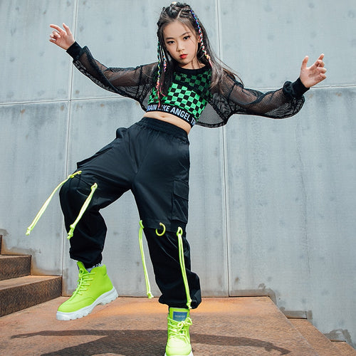 #775 Hip Hop - Girls Fishnet Tops- Green Lattice Vest- Loose Black Hip Hop Pants -Jazz Street Dance Stage Wear