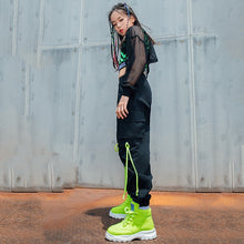 #775 Hip Hop - Girls Fishnet Tops- Green Lattice Vest- Loose Black Hip Hop Pants -Jazz Street Dance Stage Wear