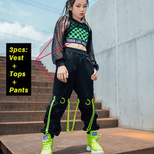 #775 Hip Hop - Girls Fishnet Tops- Green Lattice Vest- Loose Black Hip Hop Pants -Jazz Street Dance Stage Wear