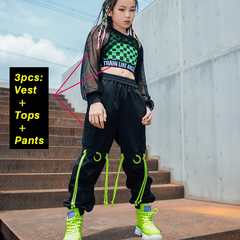 Street Dance Costume Girls Hip Hop Clothes Green Tops Black Pants