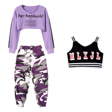 #HH456 Hip Hop Costume-Purple Long Sleeve Tops- Camouflage Pants- Black Vest