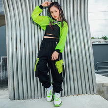 HH7108  Hip Hop Dance Costume -Neon Green Crop Tops Black Vest Cargo Pants- Street Dance -Performance Wear