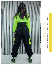 HH7108  Hip Hop Dance Costume -Neon Green Crop Tops Black Vest Cargo Pants- Street Dance -Performance Wear