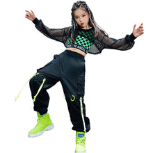 #775 Hip Hop - Girls Fishnet Tops- Green Lattice Vest- Loose Black Hip Hop Pants -Jazz Street Dance Stage Wear