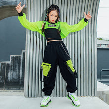 HH7108  Hip Hop Dance Costume -Neon Green Crop Tops Black Vest Cargo Pants- Street Dance -Performance Wear