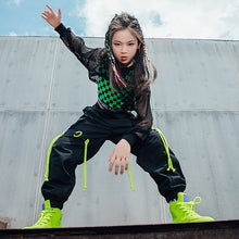 #775 Hip Hop - Girls Fishnet Tops- Green Lattice Vest- Loose Black Hip Hop Pants -Jazz Street Dance Stage Wear