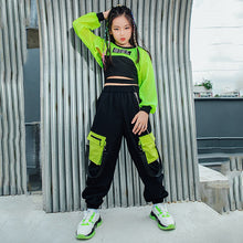 HH7108  Hip Hop Dance Costume -Neon Green Crop Tops Black Vest Cargo Pants- Street Dance -Performance Wear