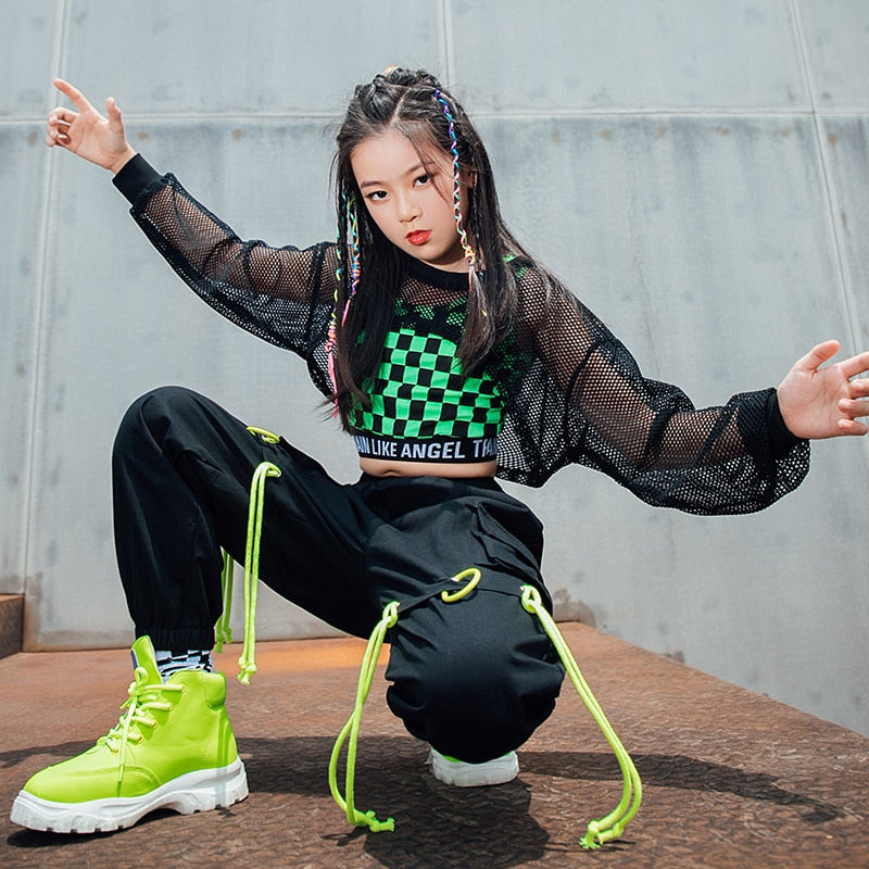 Obsessions #775 Hip Hop - Girls Fishnet Tops- Green Lattice Vest- Loose  Black Hip Hop Pants -Jazz Street Dance Stage Wear