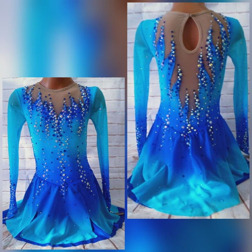 #SK032 Beautiful Ice- Figure Skating Dress - Blue Mesh Long-Sleeved Competition Costume