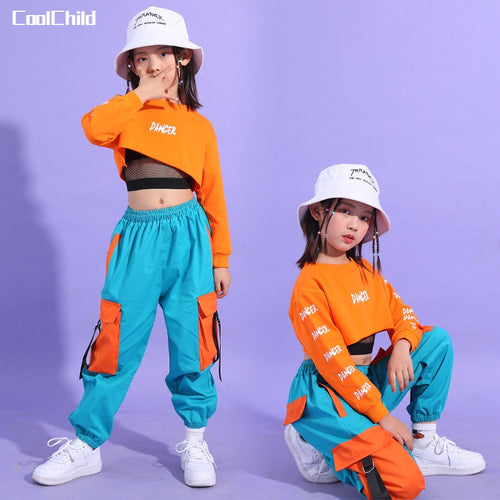 #HH455 Hip Hop Girls Crop Top -Cargo Pants-Orange Crop Sweatshirt