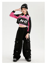 #H470 Girls Hip Hop Cool Short Baseball Style Jacket -Street Dance Baggy Cargo Pants