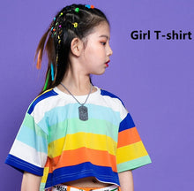 #HH458 Girls Striped Crop Top Cargo Pants -Boys Hip Hop Rainbow T-Shirt Shorts and Cargo Pants