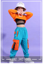 #HH455 Hip Hop Girls Crop Top -Cargo Pants-Orange Crop Sweatshirt