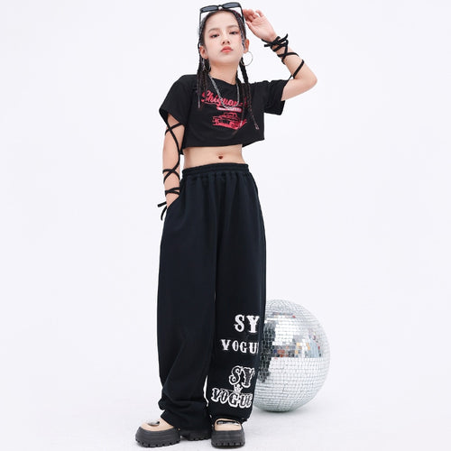 #H472 Girls Hip Hop Bandage T-shirt - Street Dance Crop Top- Baggy Pants