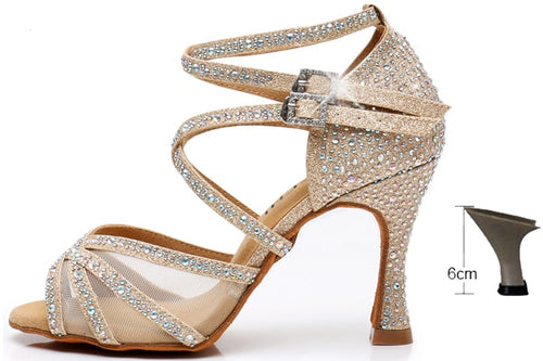 #B00771 Latin Dance Shoes Gold Glitter Rhinestones with Mesh Inserts
