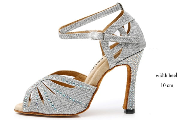 B0099 Silver Glitter Rhinestone Latin Dance Shoes Women Salsa